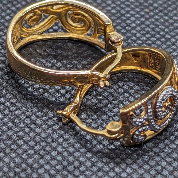 14k Gold and Sterling Hoops diamond chip detail - Picture 3 of 5